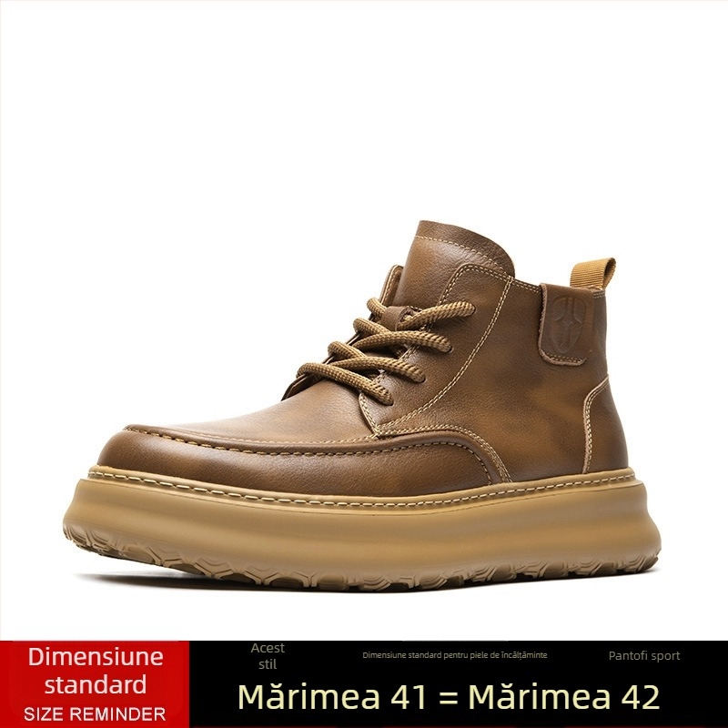Ghete Martin pentru bărbați – bocanci înalți din piele naturală, talpă groasă din spumă de cauciuc, șireturi în față, 3–5 cm toc, respirante