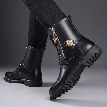 Ghete Martin pentru bărbați din piele naturală, fermoar pe lateral, înălțime medie până la gleznă, vârf rotund, talpă din cauciuc