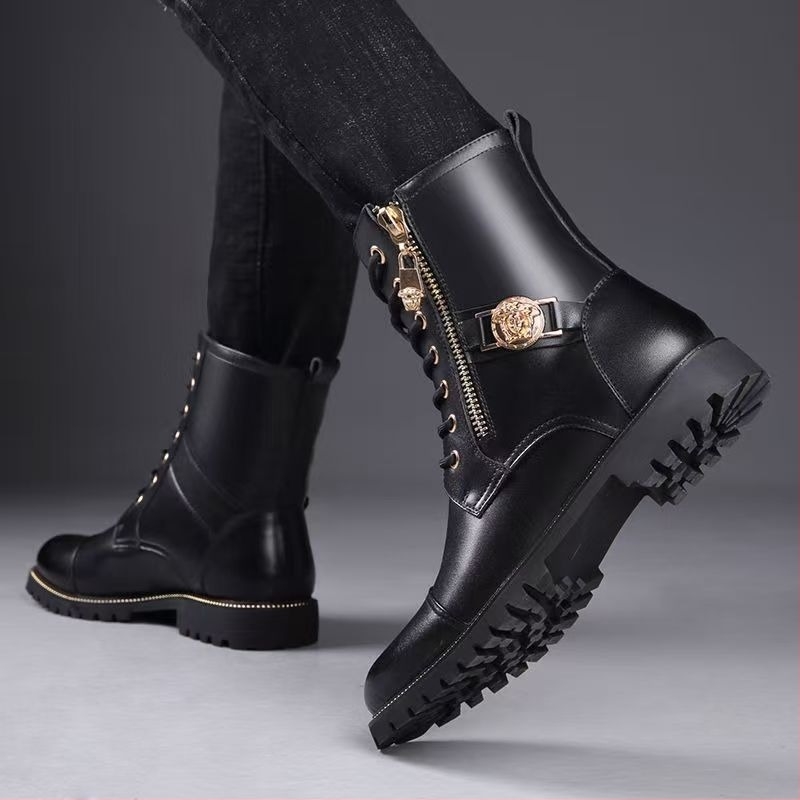 Ghete Martin pentru bărbați din piele naturală, fermoar pe lateral, înălțime medie până la gleznă, vârf rotund, talpă din cauciuc