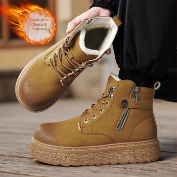 Ghete Martin pentru bărbați, stil britanic, partea superioară din PU, talpă din cauciuc, căptușeală din pluș sintetic pentru iarnă