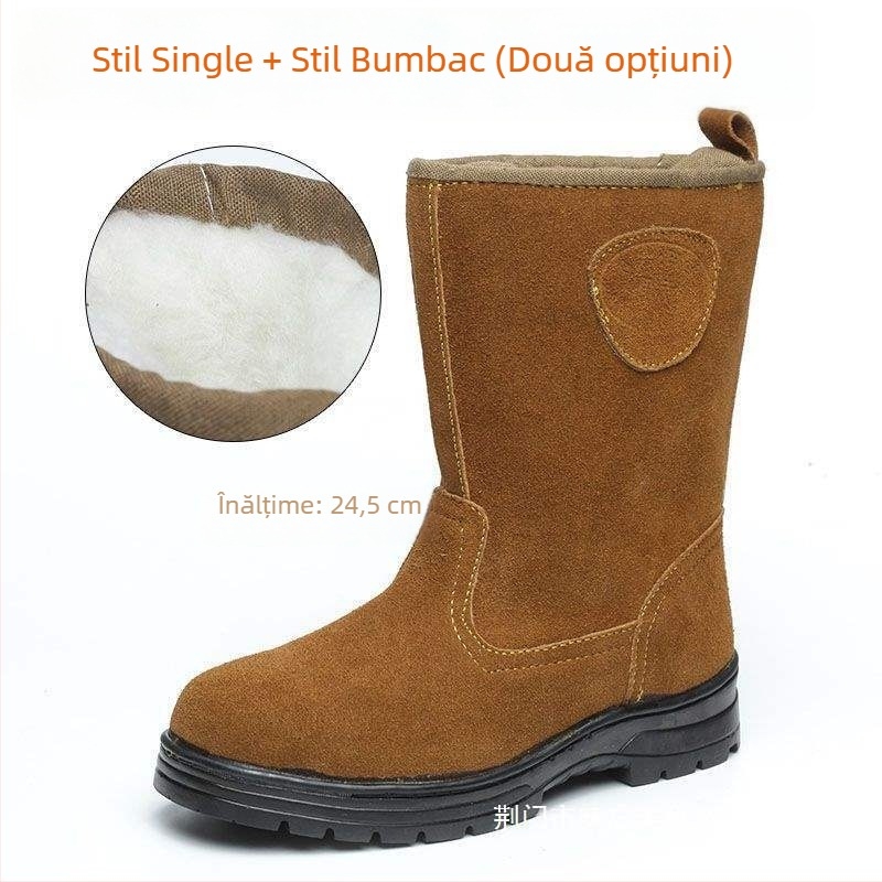 Ghete de sudură pentru bărbați, căptușite cu fleece, vârf din oțel, partea superioară din piele, înalte, antiderapante