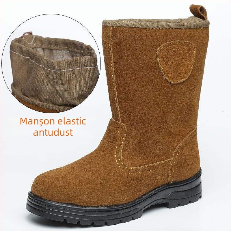 Ghete de sudură pentru bărbați, căptușite cu fleece, vârf din oțel, partea superioară din piele, înalte, antiderapante