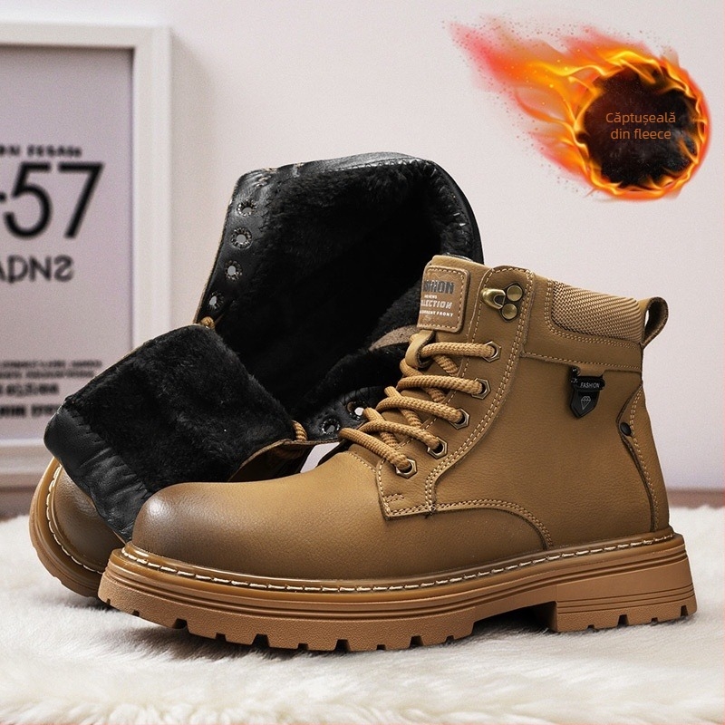 Ghete Martin pentru bărbați – de înălțime medie, partea superioară din nubuk de vițel, căptușeală caldă din pluș, talpă din cauciuc, fermoar lateral