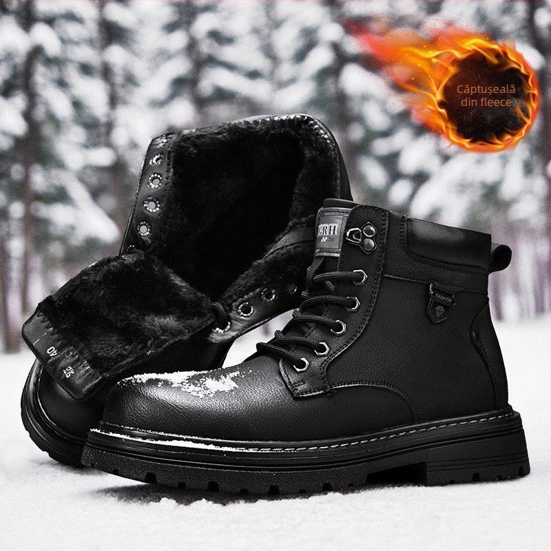 Ghete Martin pentru bărbați – de înălțime medie, partea superioară din nubuk de vițel, căptușeală caldă din pluș, talpă din cauciuc, fermoar lateral