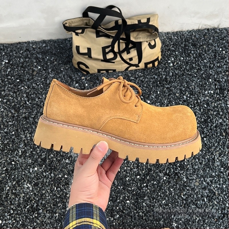 Pantofi Derby pentru bărbați, ghete low-top în stil Martin, talpă groasă pentru creșterea înălțimii (1–3 cm), partea superioară din piele nubuk, talpă din cauciuc