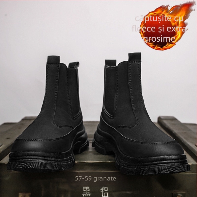 Ghete Chelsea pentru bărbați, stil britanic, partea superioară cu material pufos, talpă din cauciuc, toc de 3–5 cm, înălțime medie a gambelor, branț din piele naturală