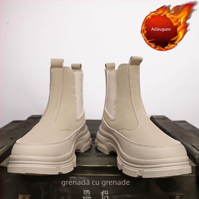 Ghete Chelsea pentru bărbați, stil britanic, partea superioară cu material pufos, talpă din cauciuc, toc de 3–5 cm, înălțime medie a gambelor, branț din piele naturală