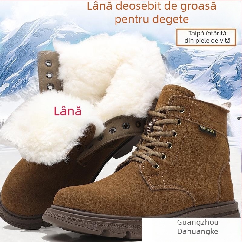 Ghete Martin pentru bărbați, căptușite cu fleece, izolație din lână extra groasă, partea superioară din velur de vițel, talpă din cauciuc