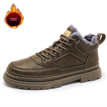 Martin bocanci pentru bărbați, partea superioară din piele microfibră, talpă din cauciuc, branț din latex, căptușeală interioară din pluș artificial, stil britanic cu talpă groasă