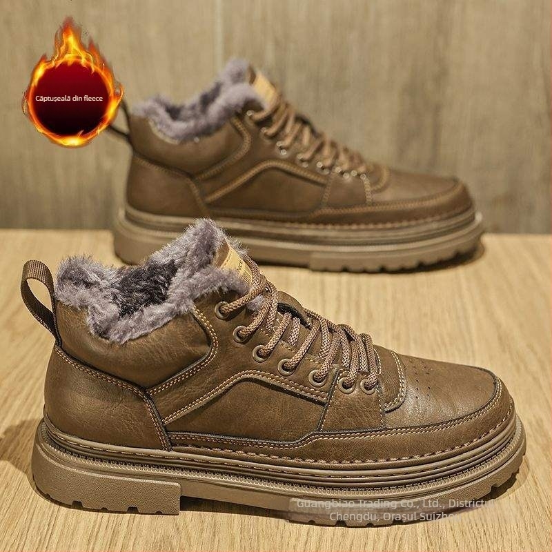Martin bocanci pentru bărbați, partea superioară din piele microfibră, talpă din cauciuc, branț din latex, căptușeală interioară din pluș artificial, stil britanic cu talpă groasă