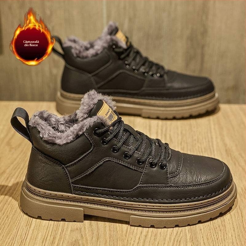 Martin bocanci pentru bărbați, partea superioară din piele microfibră, talpă din cauciuc, branț din latex, căptușeală interioară din pluș artificial, stil britanic cu talpă groasă