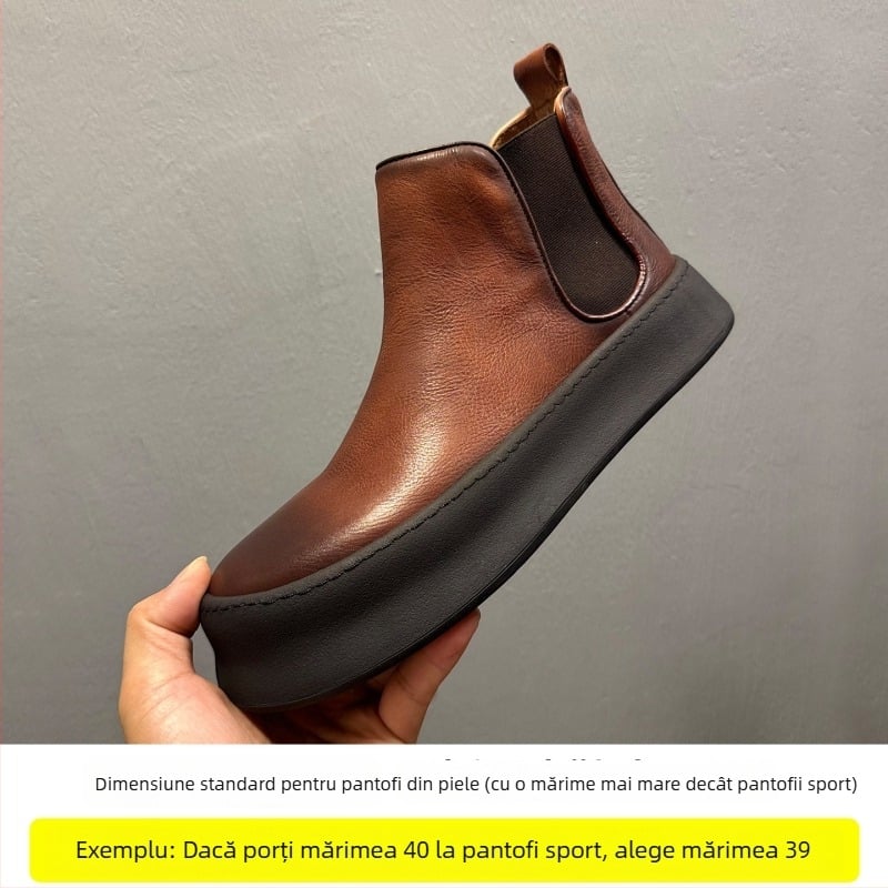 Ghete Chelsea pentru bărbați din piele naturală, vârf rotund, talpă din cauciuc, înălțime toc 3-5 cm, iarnă 2025