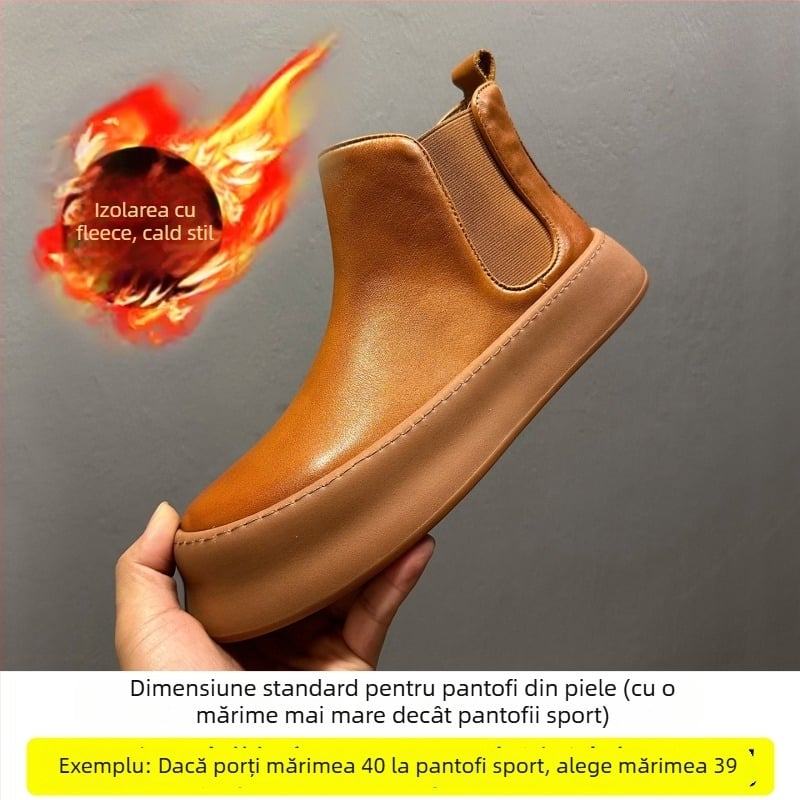 Ghete Chelsea pentru bărbați din piele naturală, vârf rotund, talpă din cauciuc, înălțime toc 3-5 cm, iarnă 2025