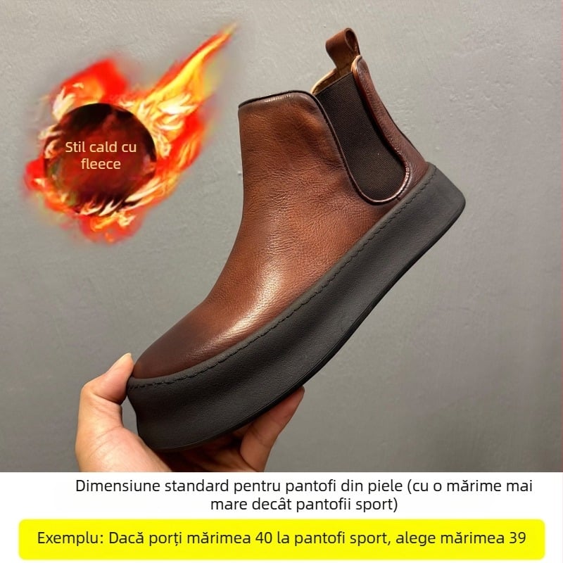 Ghete Chelsea pentru bărbați din piele naturală, vârf rotund, talpă din cauciuc, înălțime toc 3-5 cm, iarnă 2025