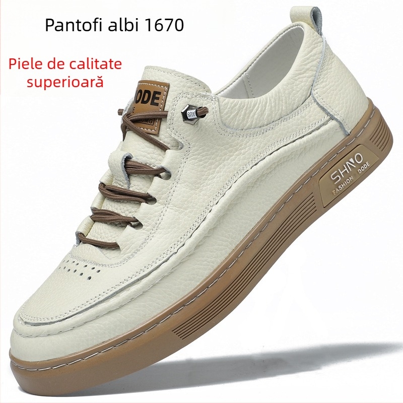 Adidași casual pentru bărbați din piele, partea superioară din piele de vită de primă calitate, talpă din cauciuc, vârf rotund, talpă anti-derapantă, toc plat