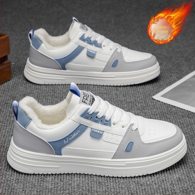 Adidași sport cu căptușeală de fleece, partea superioară din piele artificială, talpă groasă, vârf rotund, șireturi