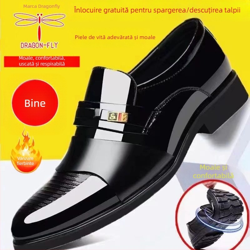 Pantofi din piele pentru afaceri, partea superioară din piele split, talpă din cauciuc, glezna joasă, vârf ascuțit, înălțime internă