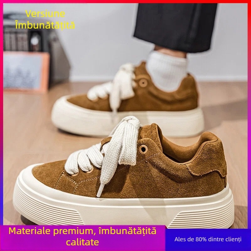 Adidași pentru bărbați cu partea superioară din piele, talpă din cauciuc, talpă groasă ce crește înălțimea, cu șireturi, vârf rotund