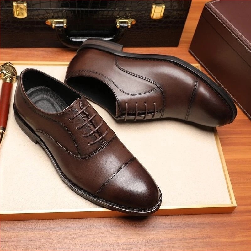 Pantofi eleganti din piele pentru bărbați, partea superioară din piele split, vârf ascuțit, șiret, talpă din cauciuc