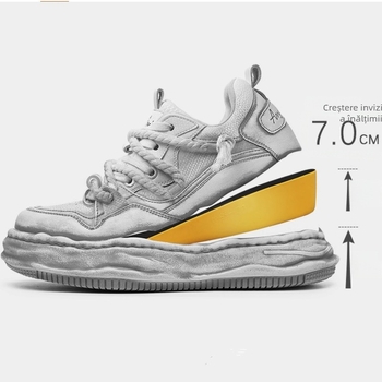 Adidași unisex cu talpă ascunsă de creștere înălțime, partea superioară din piele de vită, vârf rotund, șireturi, talpă din cauciuc (3-5 cm înălțime; piele de vită; talpă din cauciuc; unisex)