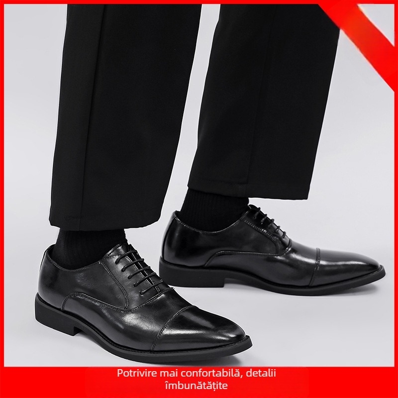 Pantofi Oxford din piele pentru bărbați — stil business, profil redus, închidere cu șireturi, partea superioară din piele split, talpă din cauciuc, vârf rotund
