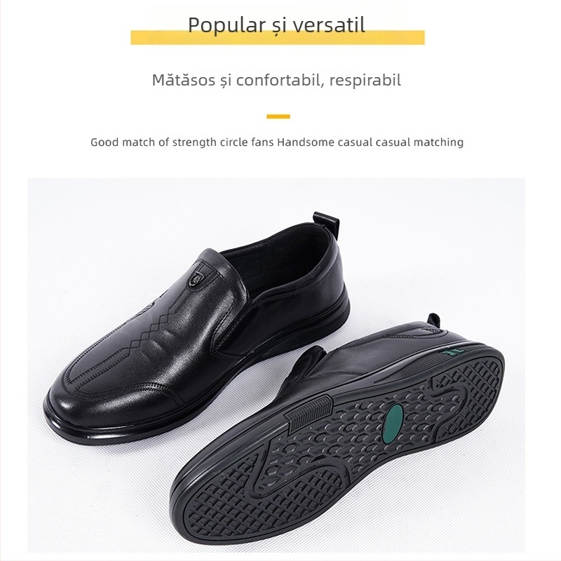 Pantofi de bărbați din piele, piele de vițel prim-strat, căptușeală din piele de porc prim-strat, talpă din cauciuc, vârf rotund, croială cu guler mic, stil minimalist