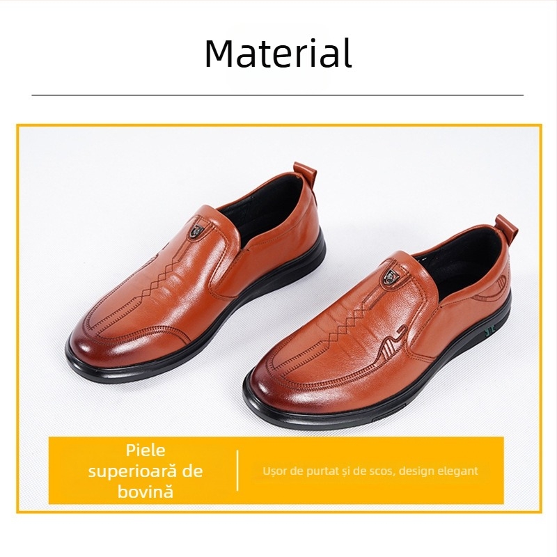 Pantofi de bărbați din piele, piele de vițel prim-strat, căptușeală din piele de porc prim-strat, talpă din cauciuc, vârf rotund, croială cu guler mic, stil minimalist