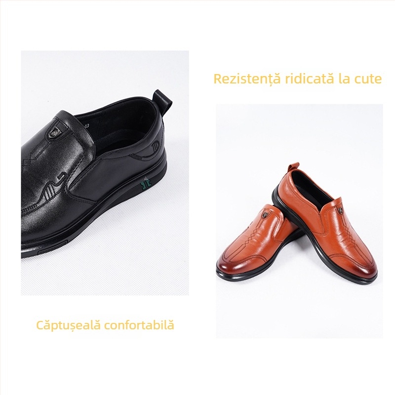 Pantofi de bărbați din piele, piele de vițel prim-strat, căptușeală din piele de porc prim-strat, talpă din cauciuc, vârf rotund, croială cu guler mic, stil minimalist