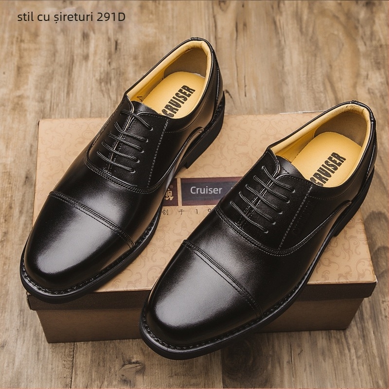 Pantofi bărbați din piele, eleganți pentru afaceri, partea superioară din piele naturală, talpă din cauciuc, vârf rotund, toc mic