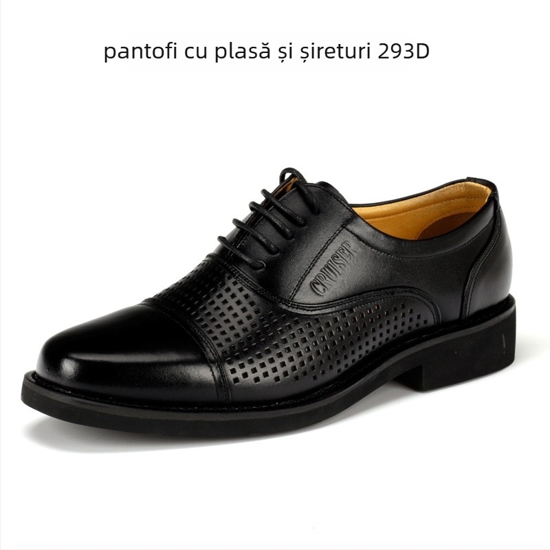 Pantofi bărbați din piele, eleganți pentru afaceri, partea superioară din piele naturală, talpă din cauciuc, vârf rotund, toc mic