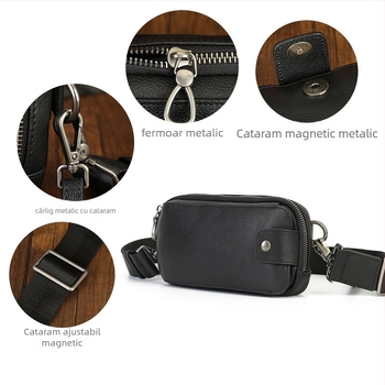 Geantă crossbody din piele naturală pentru bărbați, strat superior de piele de vițel, fermoar, buzunar interior, stil urban