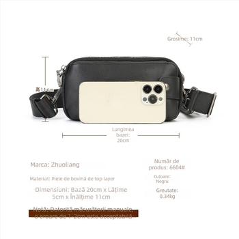 Geantă crossbody din piele naturală pentru bărbați, strat superior de piele de vițel, fermoar, buzunar interior, stil urban