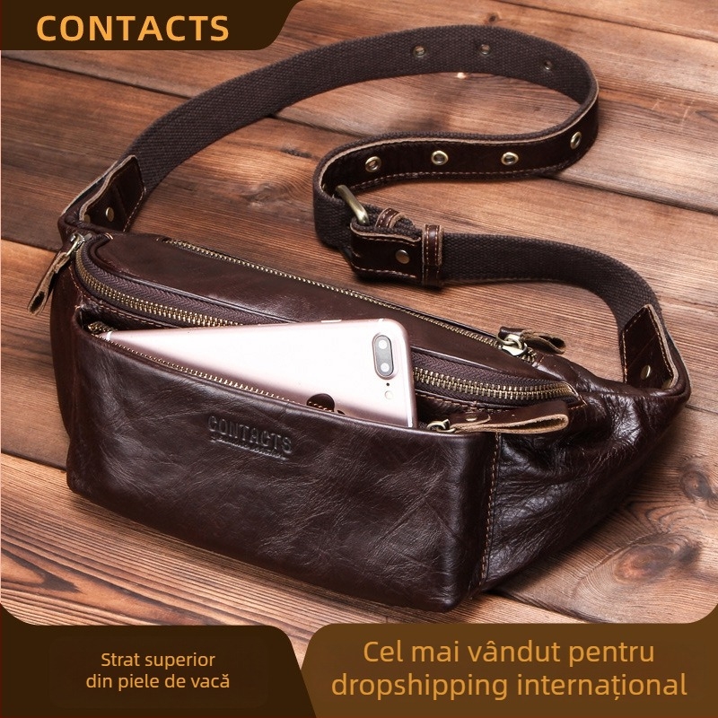 Geantă de talie pentru bărbați din piele de vită de primă calitate, impermeabilă și respirabilă, stil street chest bag