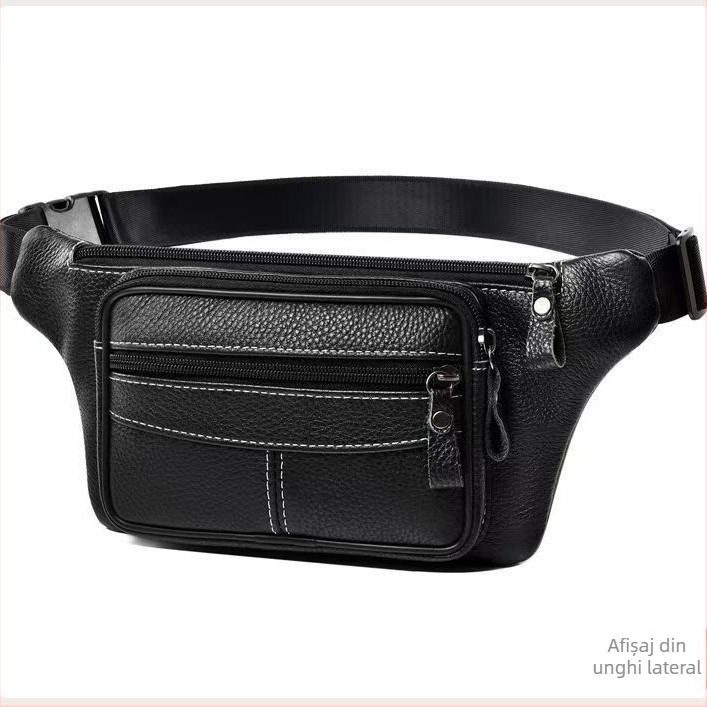 Geantă de talie pentru bărbați din piele naturală, geantă crossbody multifuncțională, buzunar pentru telefon din piele de primul strat, fermoar, rezistentă la uzură