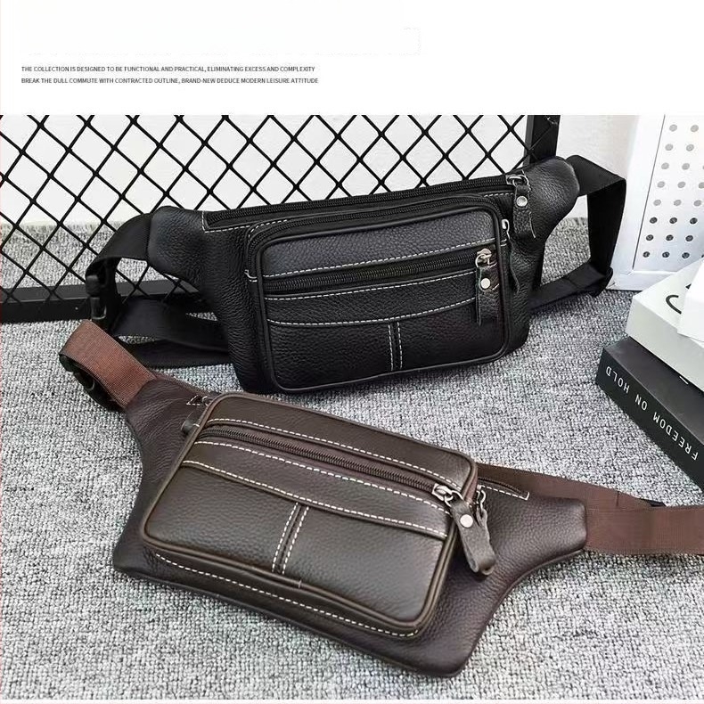 Geantă de talie pentru bărbați din piele naturală, geantă crossbody multifuncțională, buzunar pentru telefon din piele de primul strat, fermoar, rezistentă la uzură