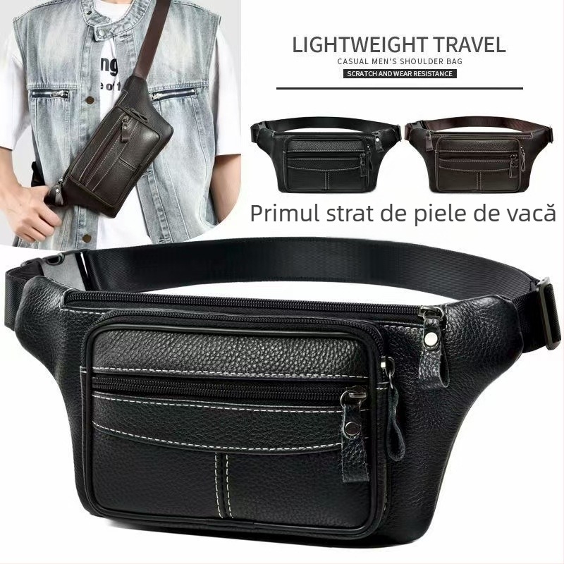 Geantă de talie pentru bărbați din piele naturală, geantă crossbody multifuncțională, buzunar pentru telefon din piele de primul strat, fermoar, rezistentă la uzură