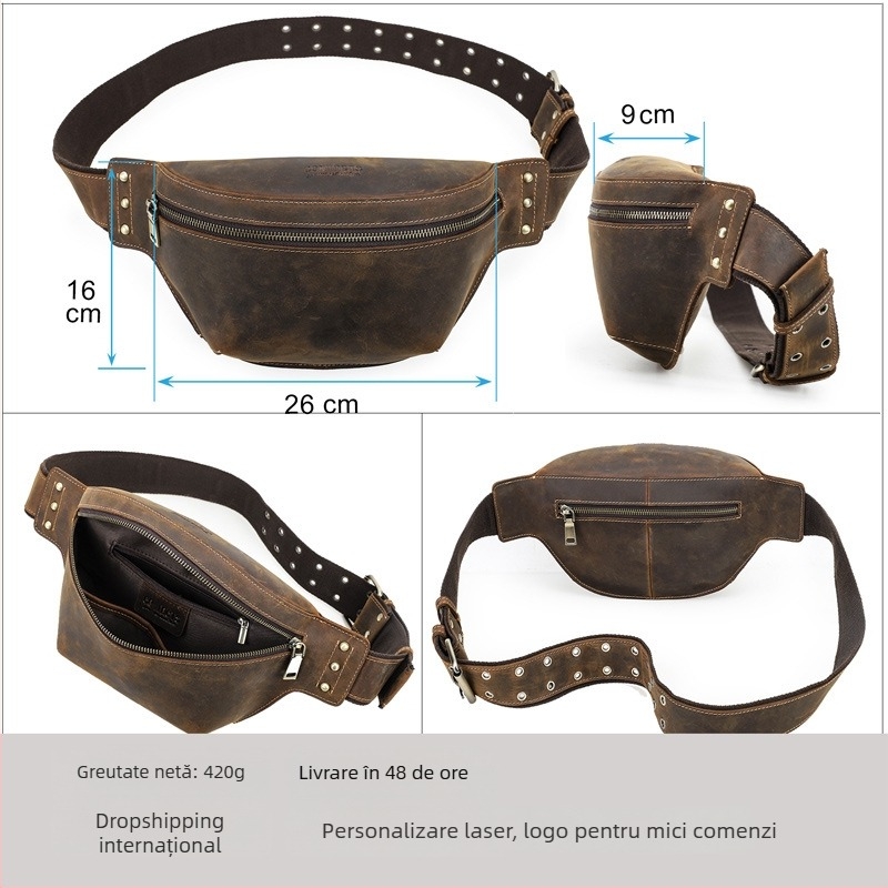 Geantă de talie pentru bărbați din piele Crazy Horse, stil retro, respirabilă și impermeabilă, căptușită cu poliester