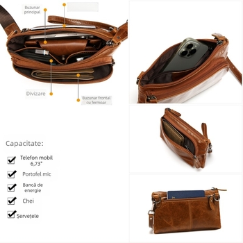 Geantă de umăr pentru bărbați din piele naturală, culoare solidă, căptușeală din poliester, funcție de depozitare