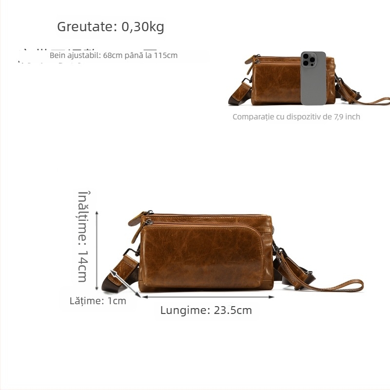 Geantă de umăr pentru bărbați din piele naturală, culoare solidă, căptușeală din poliester, funcție de depozitare