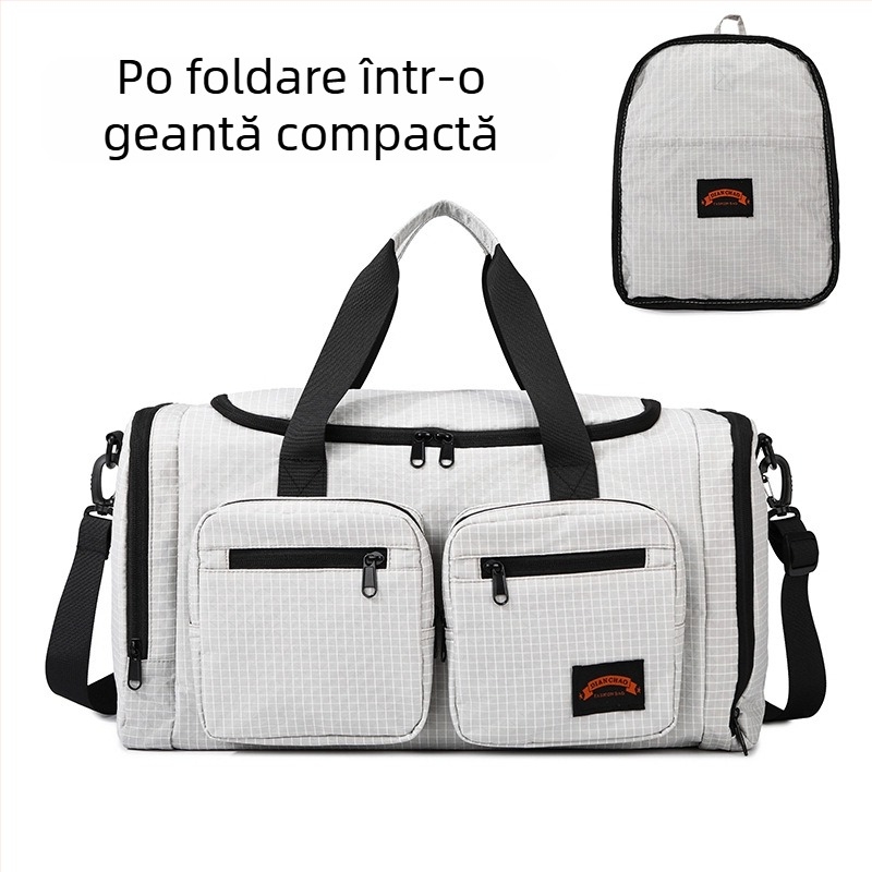Geantă de călătorie pliabilă, capacitate 20–35 L, material Oxford, impermeabilă și rezistentă la uzură, diviziune uscat–umed, compartiment pentru pantofi, geantă cu curea crossbody