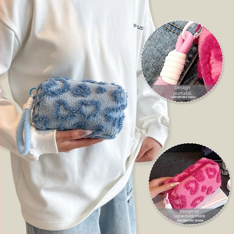 Genți clutch pentru femei — cilindrică din pluș, cu fermoar și buzunăr pentru telefon, căptușeală din poliester (Qy6152)