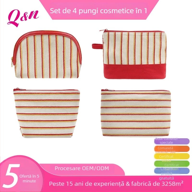 Geantă cosmetică cu model în dungi, material poliester, închidere cu fermoar, formă orizontală pătrată, compartiment intern pentru documente