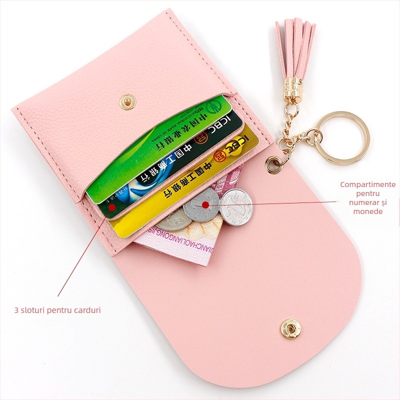 Portofel mini cu ciucuri pentru femei, clutch cu suport pentru card și închidere (Extensie, PVC, căptușeală din piele sintetică, stil proaspăt și dulce, utilizare zilnică)