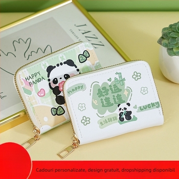 Portofel compact pentru monede și carduri, design Panda, portofel dama cu fermoar, capacitate mare, protecție anti-furt și anti-magnetic