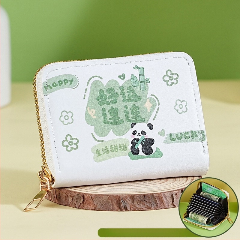 Portofel compact pentru monede și carduri, design Panda, portofel dama cu fermoar, capacitate mare, protecție anti-furt și anti-magnetic