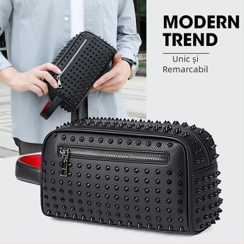 Gențiță clutch pentru bărbați cu detalii metalice – PU material, stil street fashion, capacitate mare, potrivită pentru călătorii de recreere