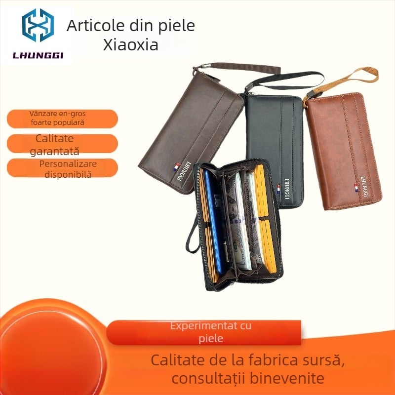 Portofel masculin lung cu fermoar simplu, piele PU, Lhunggi, stil afaceri elit, capacitate mare, buzunare multiple pentru carduri, protecție împotriva furtului, căptușeală PVC, Primăvara 2025