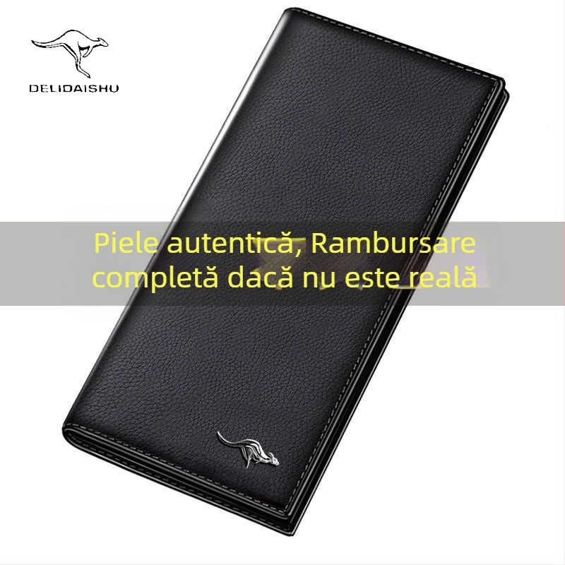 Portofel pentru bărbați, lung, cu fermoar interior, mai multe buzunare pentru carduri, capacitate mare; căptușeală din piele de vită
