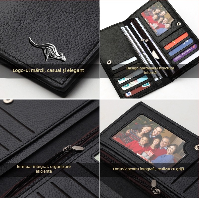 Portofel pentru bărbați, lung, cu fermoar interior, mai multe buzunare pentru carduri, capacitate mare; căptușeală din piele de vită