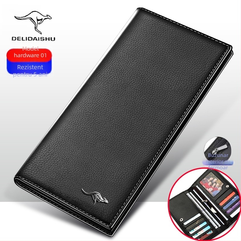 Portofel pentru bărbați, lung, cu fermoar interior, mai multe buzunare pentru carduri, capacitate mare; căptușeală din piele de vită